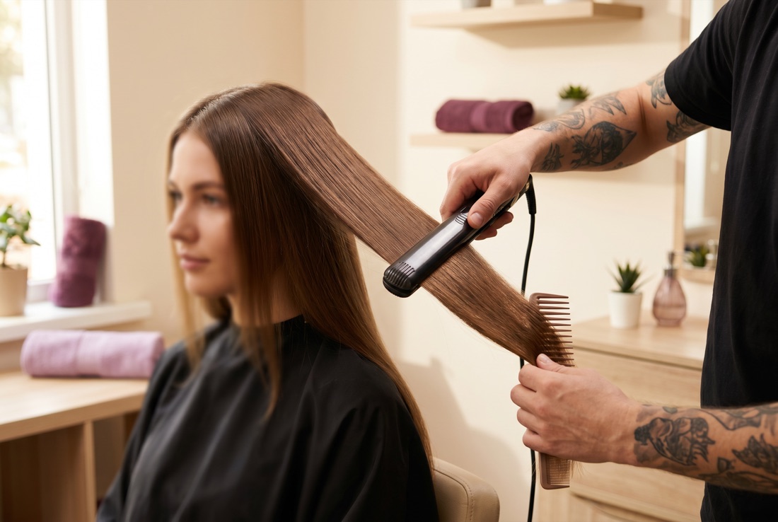 Alisado de keratina: sellado del pelo liso y brillante con la plancha
