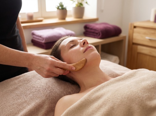 Maderoterapia facial: masaje con una pieza de madera curva a lo largo de la mandíbula