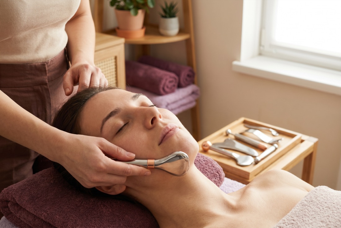 Metaloterapia facial: masaje con una pieza metálica sobre la mejilla, con una bandeja de instrumentos de metal al lado