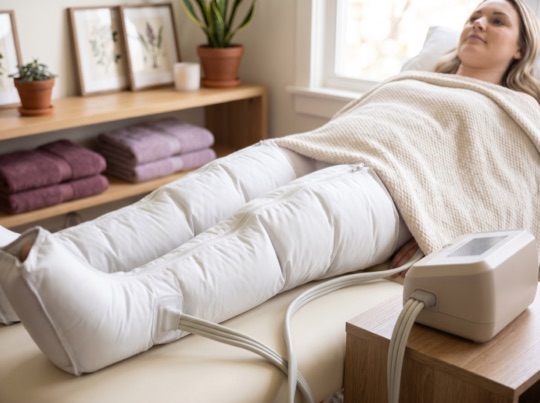 Clienta descansando bajo una manta durante una sesión de presoterapia