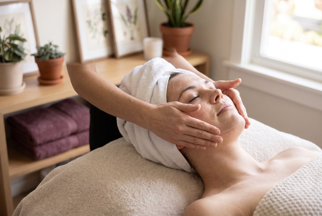 Higiene facial en cabina: masaje suave del rostro a una clienta con el pelo recogido en una toalla